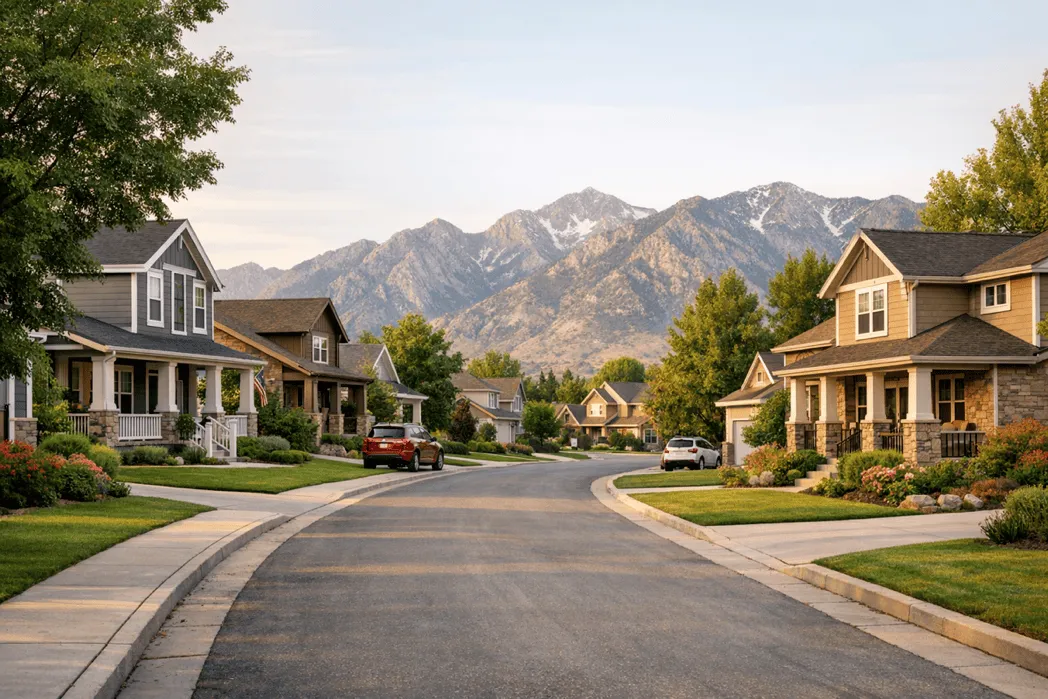 Sunny Utah neighborhood street with trees and homes