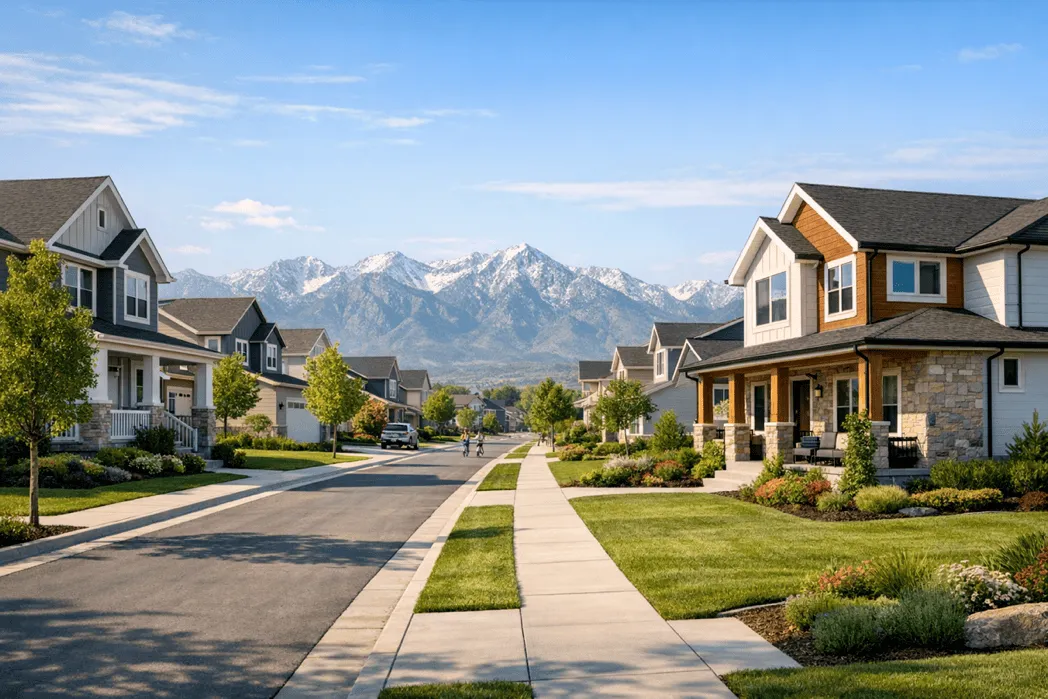 Panoramic view of a clean Utah neighborhood with mountains in the background