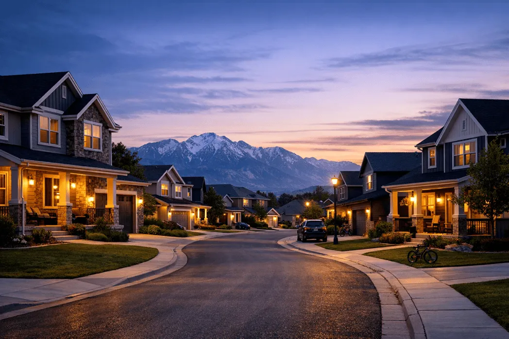 Utah neighborhood at dusk with warm porch lights