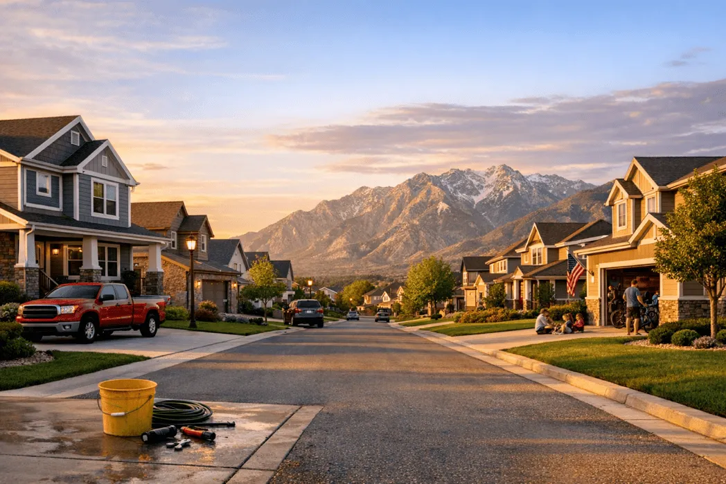 Utah neighborhood street with modern homes at golden hour