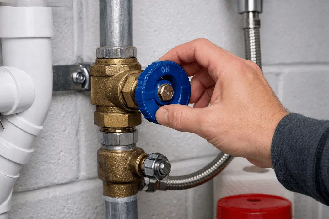 Hand reaching for a main water shutoff valve