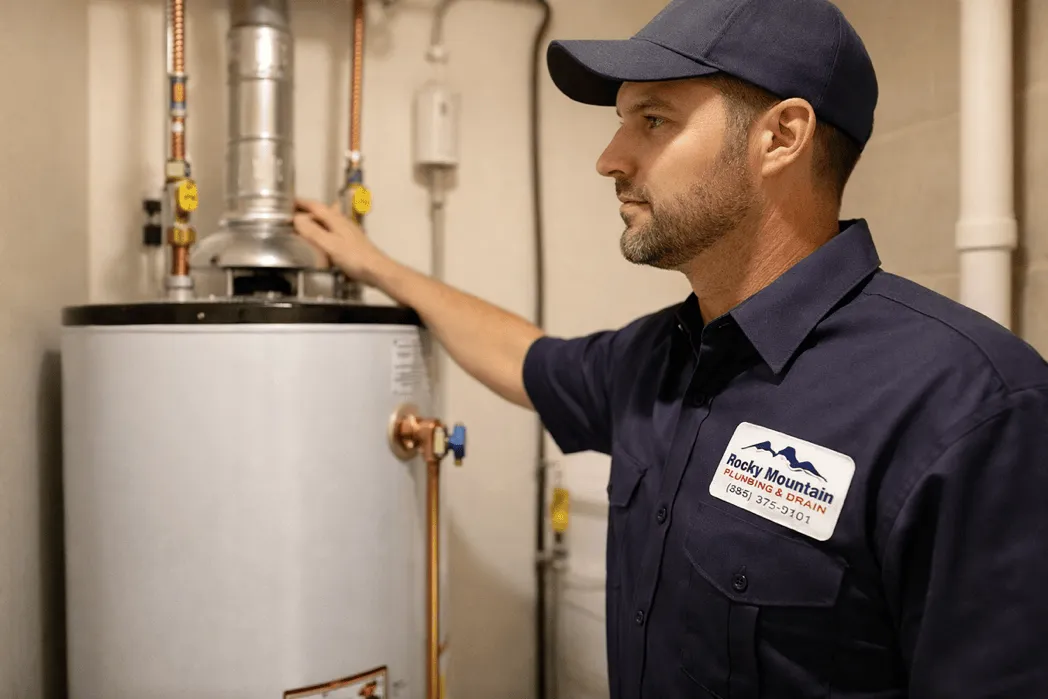 Technician inspecting a water heater in a utility room