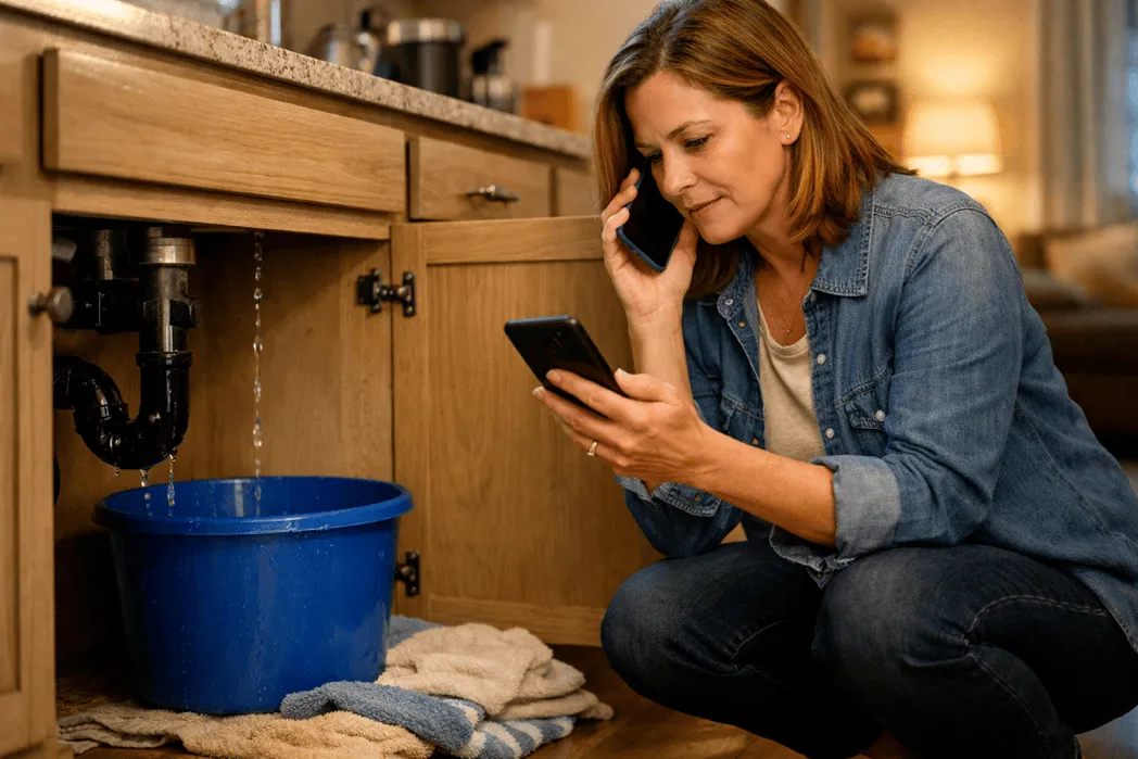 Homeowner calling a plumber on a smartphone near a contained leak