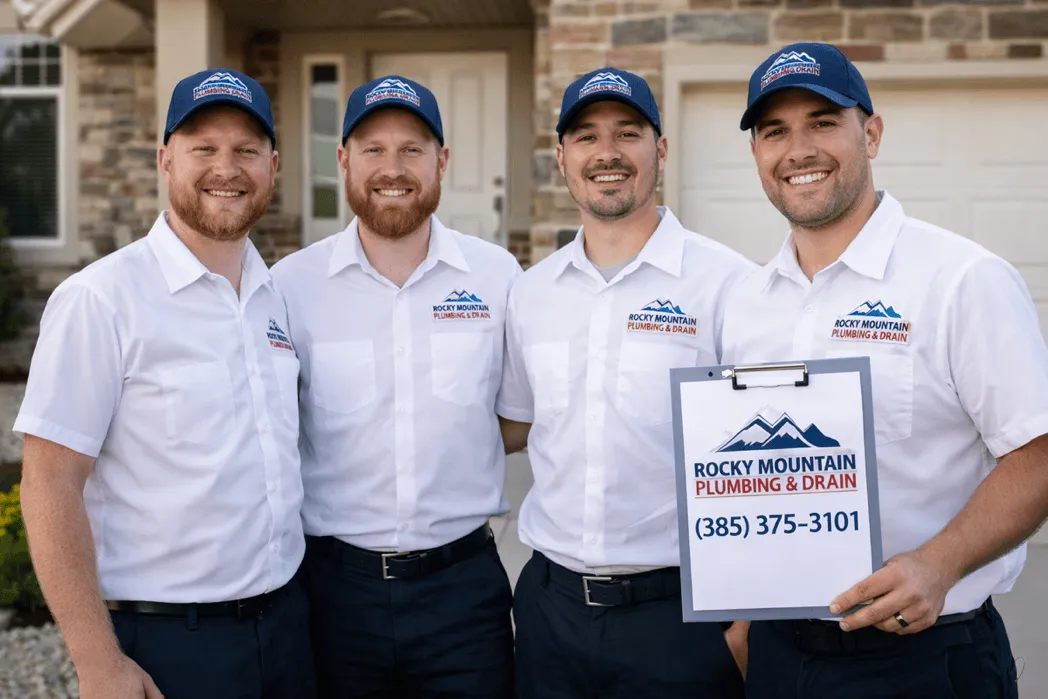 Group of Rocky Mountain Plumbing & Drain technicians outside a home