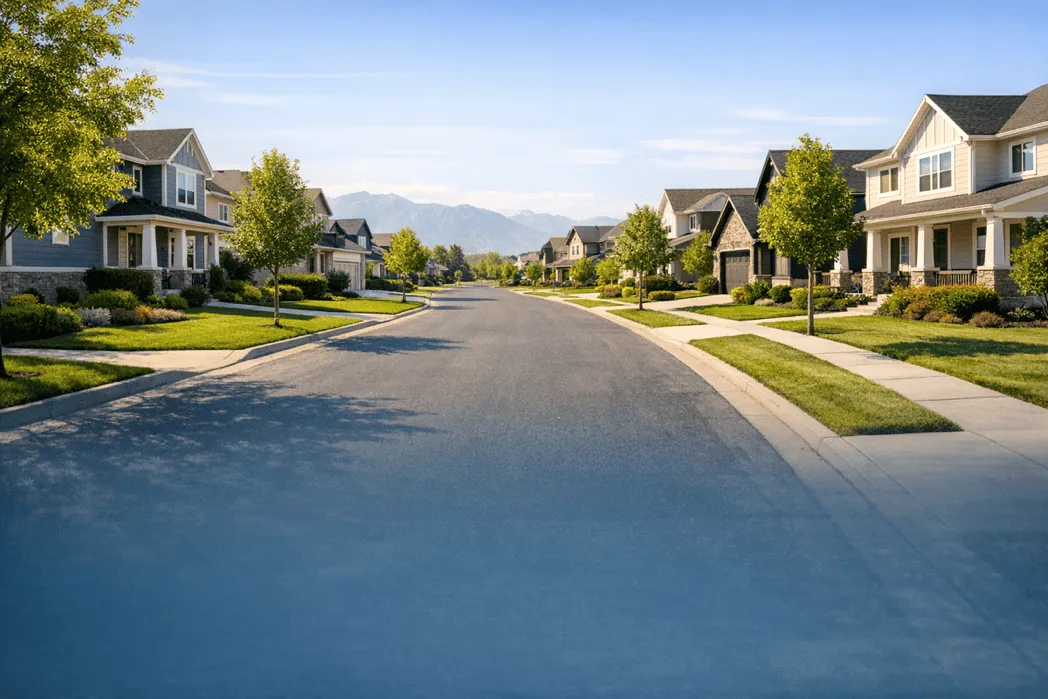 Sunny Utah neighborhood street with mountains in the distance