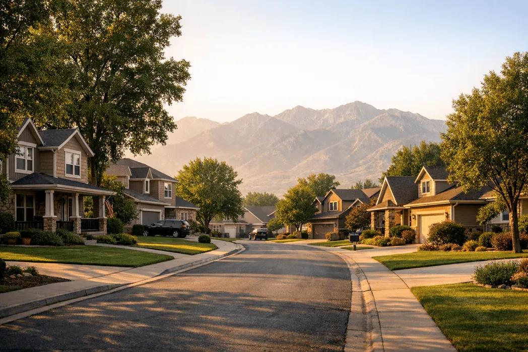 Quiet Utah residential neighborhood with mountain views