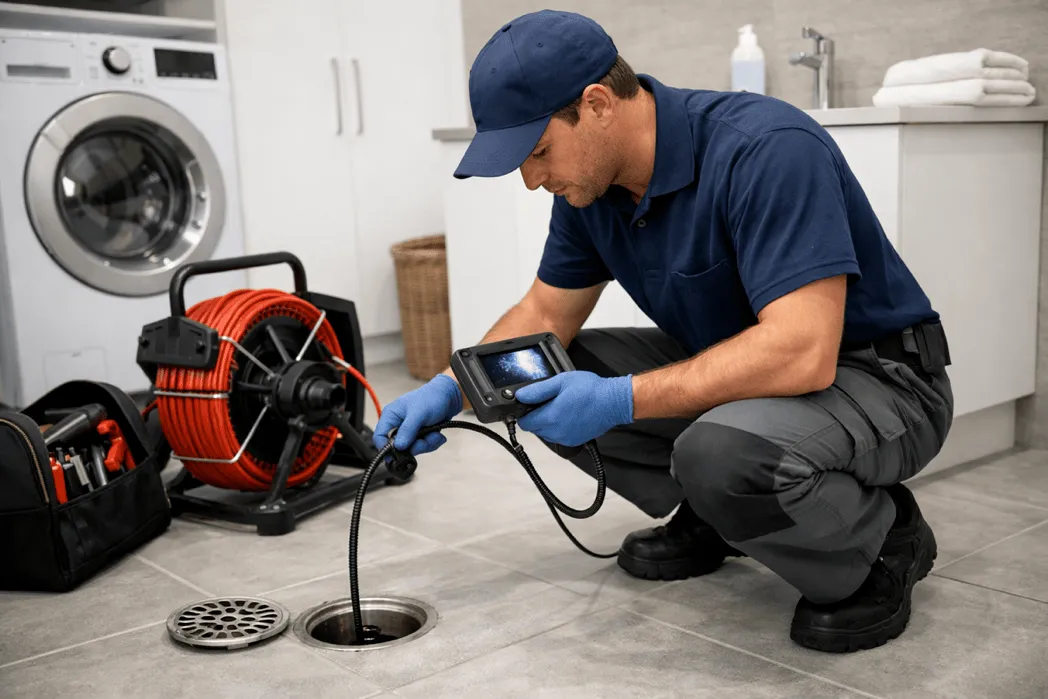 Technician inspecting a drain line