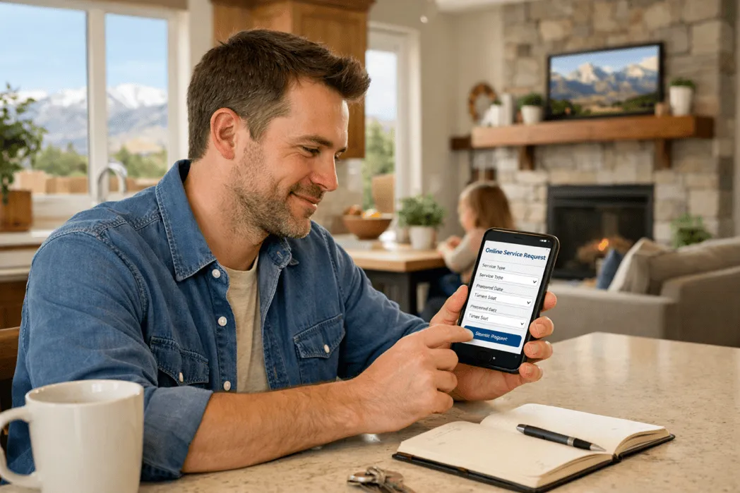 Homeowner using smartphone in kitchen to book service