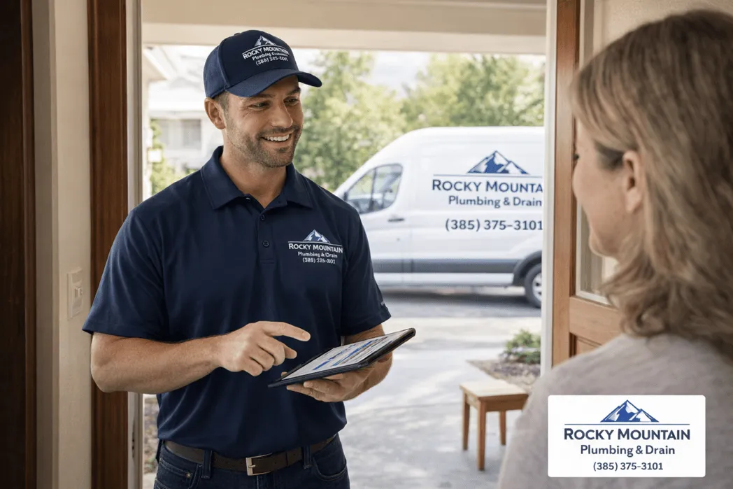 Rocky Mountain Plumbing & Remodel technician explaining service options to a homeowner