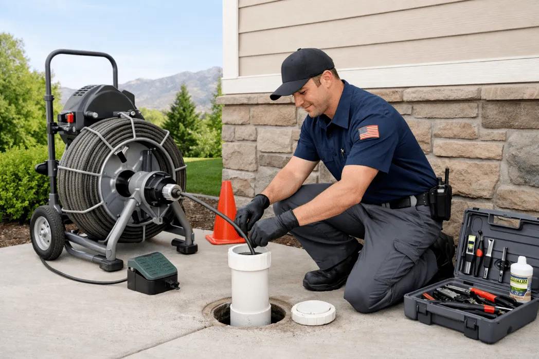 Plumber setting up drain service equipment at a home exterior