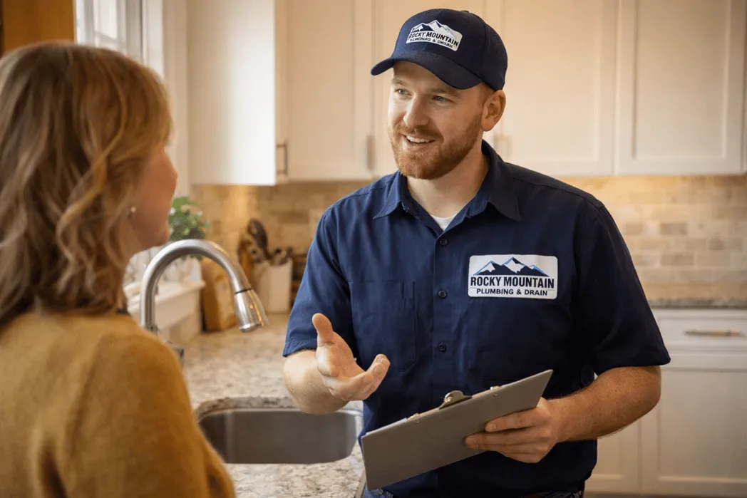 Technician explaining plumbing options at kitchen sink