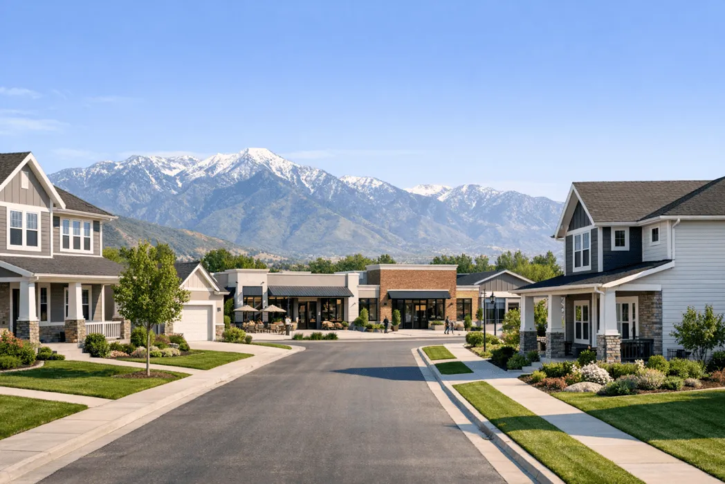 Utah neighborhood with homes and local businesses
