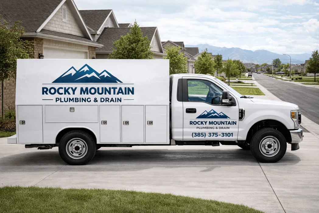 Branded service truck in residential driveway