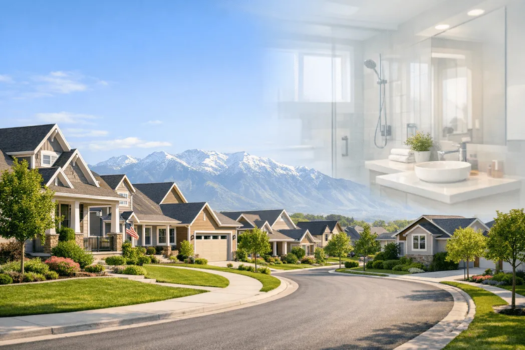 Bright Utah suburban neighborhood street with well-kept homes