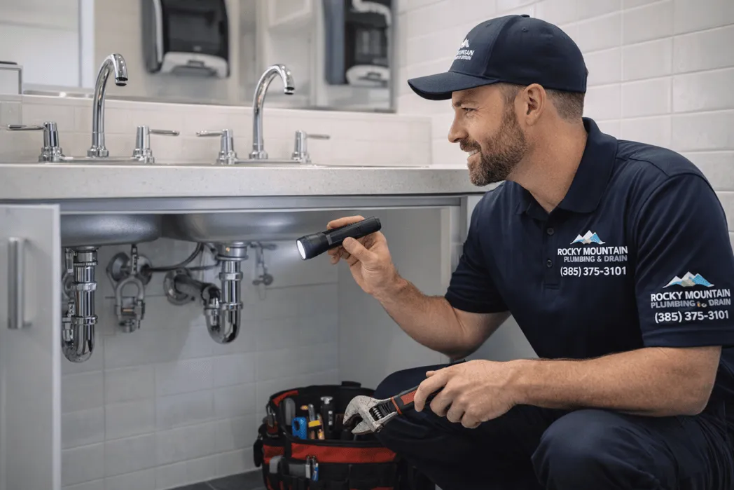 Technician inspecting commercial plumbing fixtures