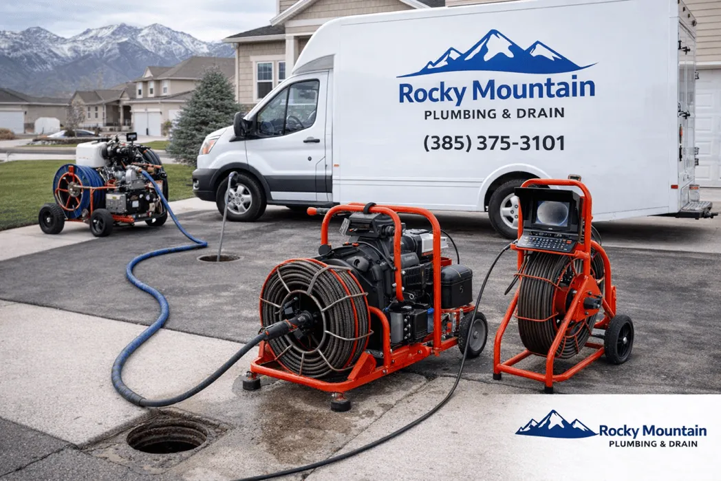 Drain cleaning equipment and branded truck in driveway