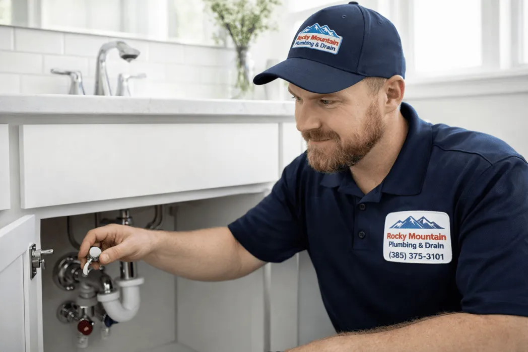 Professional plumber inspecting a bathroom sink faucet