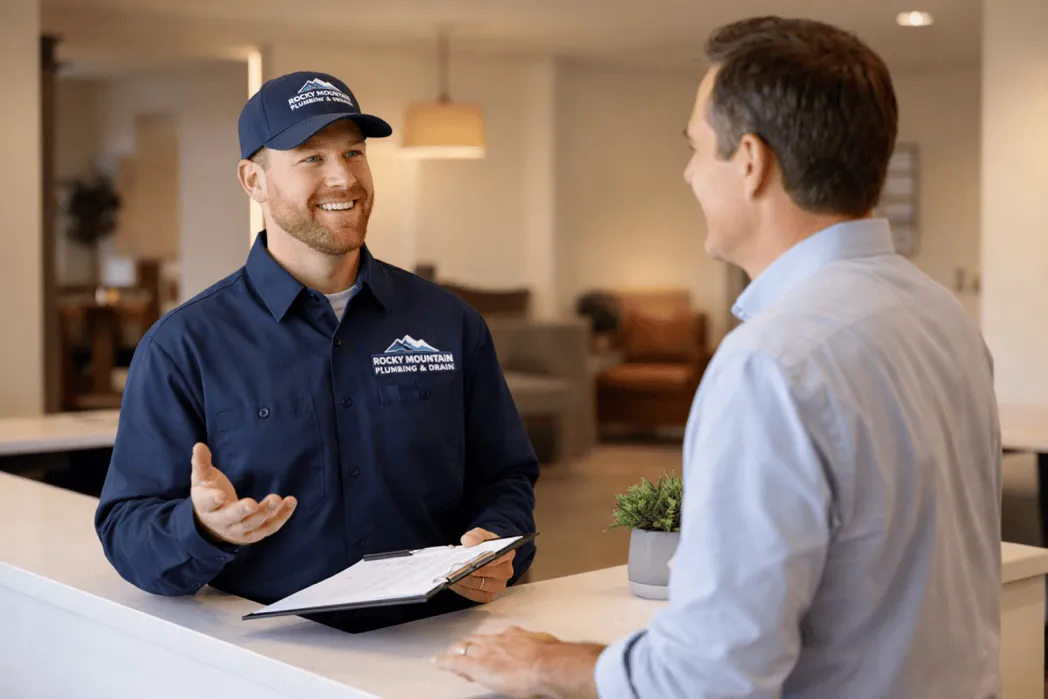 Technician discussing plumbing options with a business owner