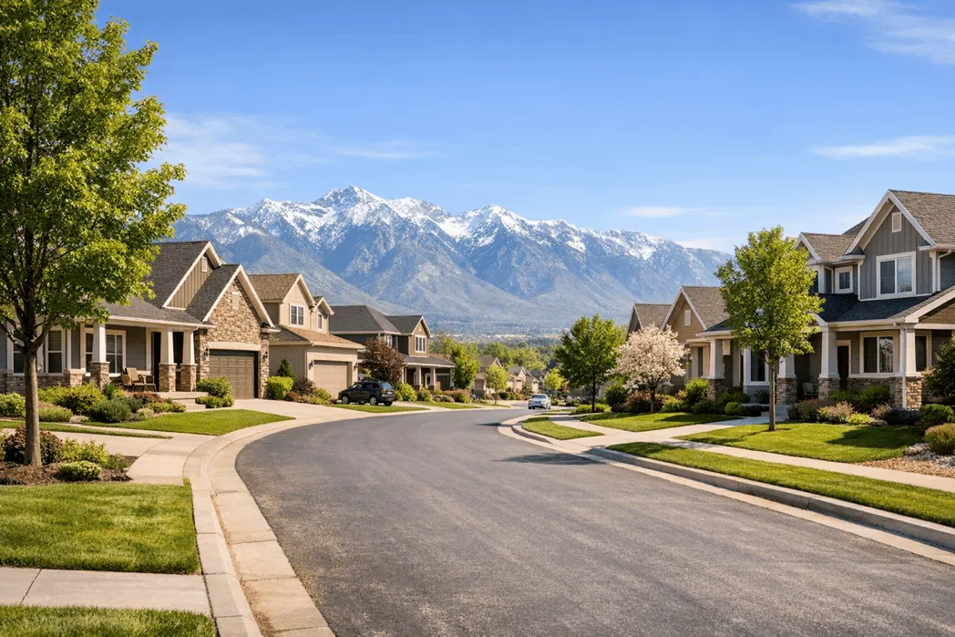 Sunny Utah suburban street with mountains in background