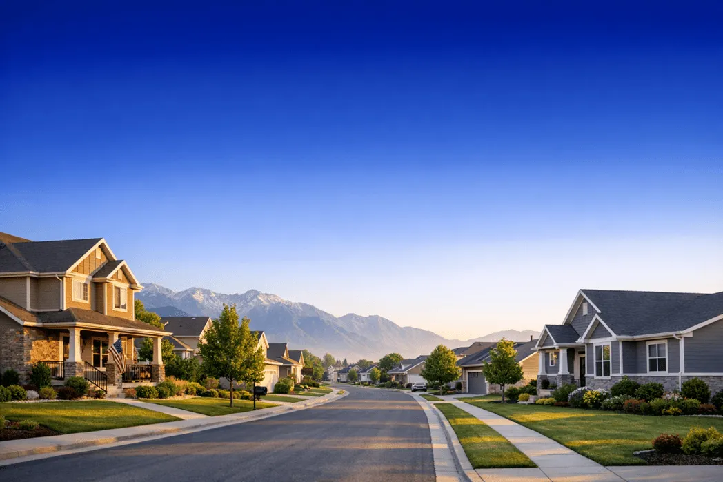 Quiet Utah neighborhood street with single-family homes