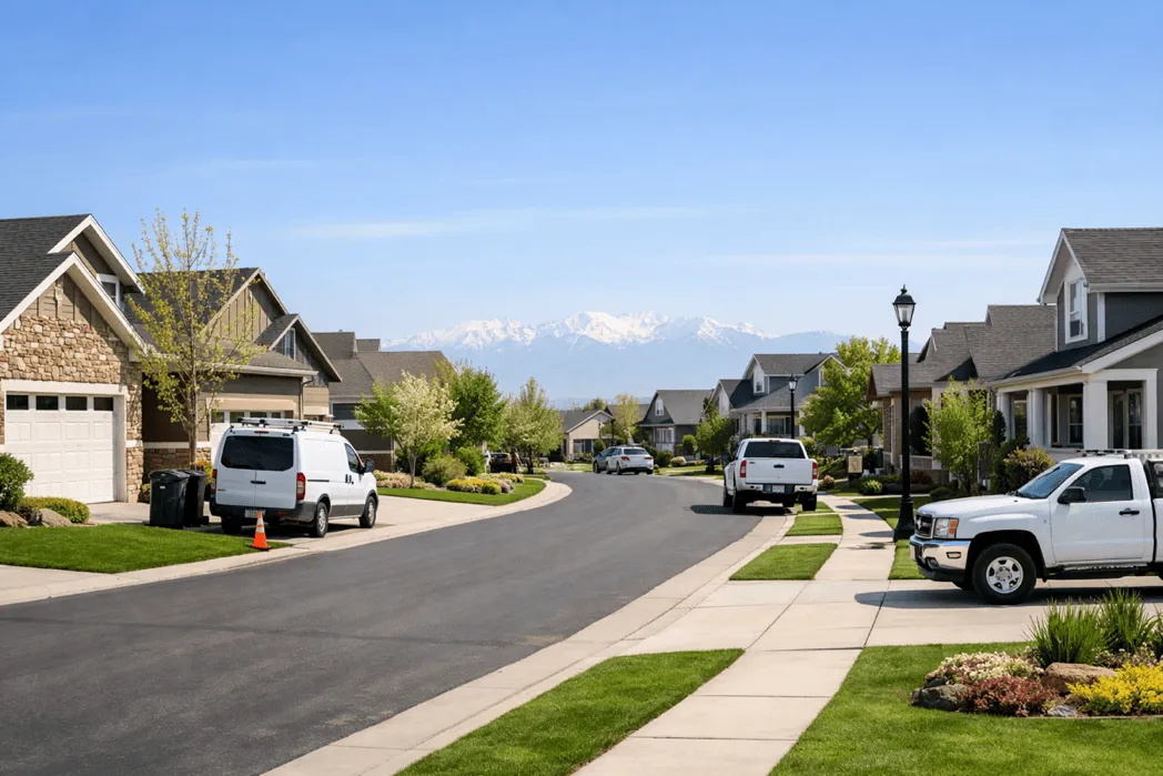 Utah neighborhood streetscape with mountains in distance