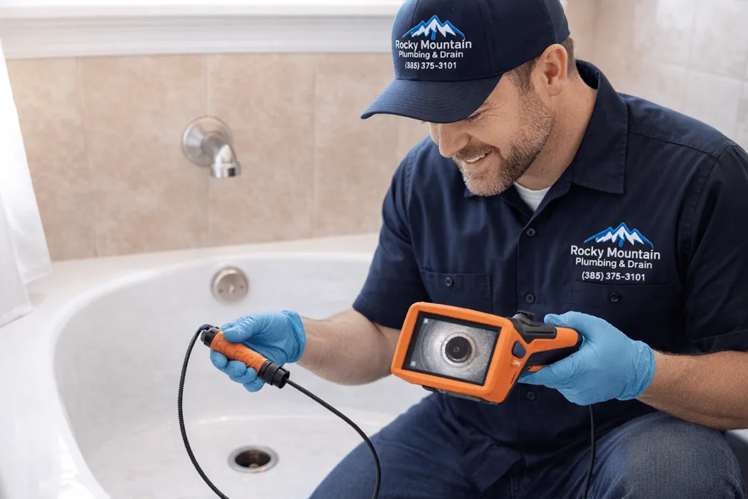 Licensed plumber inspecting a bathroom drain