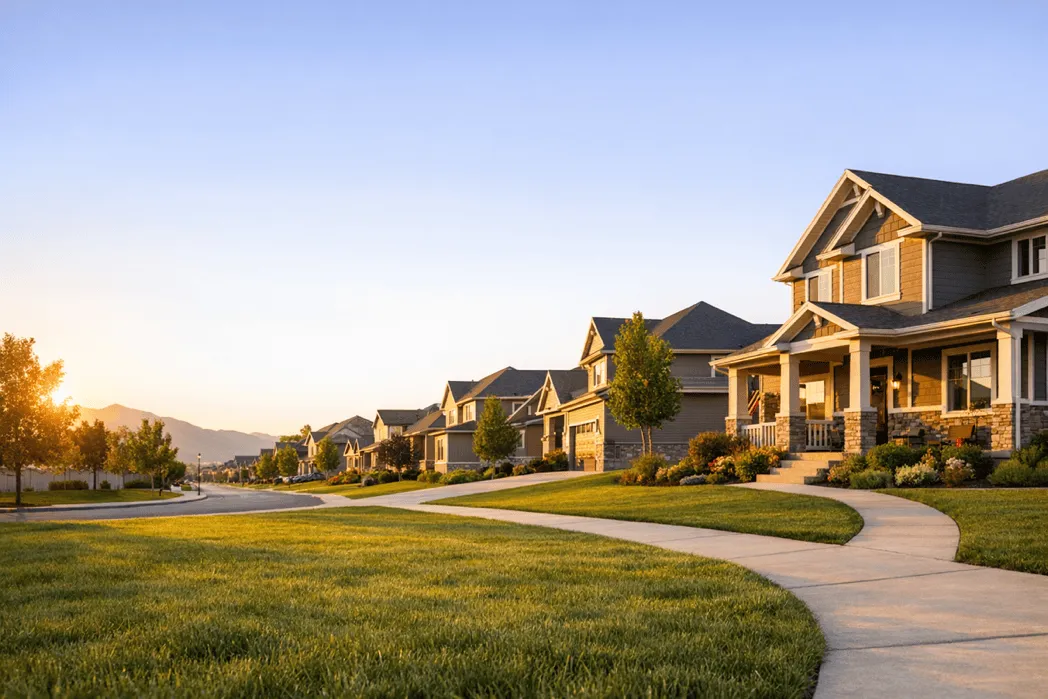 Sunny Utah neighborhood with suburban homes