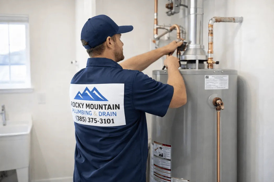 Technician completing a water heater installation in a Utah home