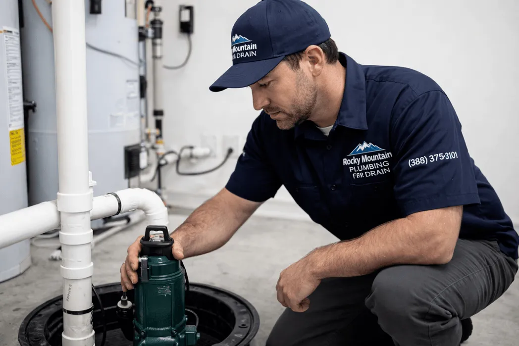Plumber from Rocky Mountain Plumbing & Drain inspecting a sump pump