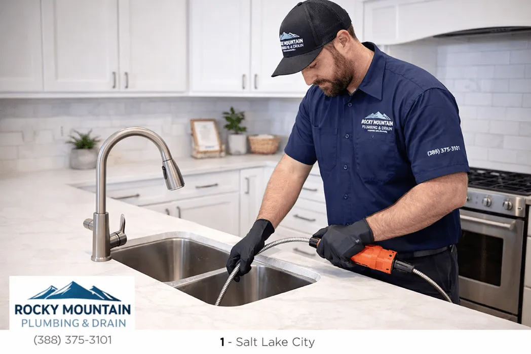 Technician clearing kitchen sink drain