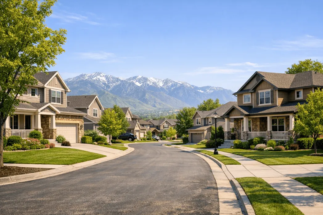 West Jordan neighborhood street with mountains in background