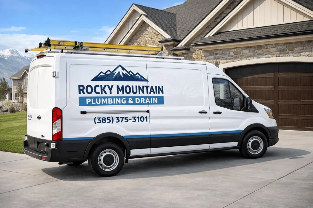 Marked plumbing service vehicle parked in a residential driveway