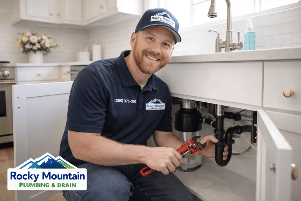 Rocky Mountain Plumbing & Drain professional working under a kitchen sink