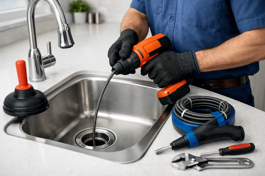 Professional drain cleaning in a home
