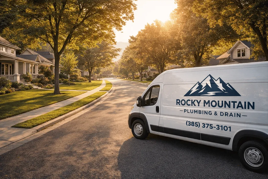 Rocky Mountain Plumbing & Drain service truck in a Utah neighborhood