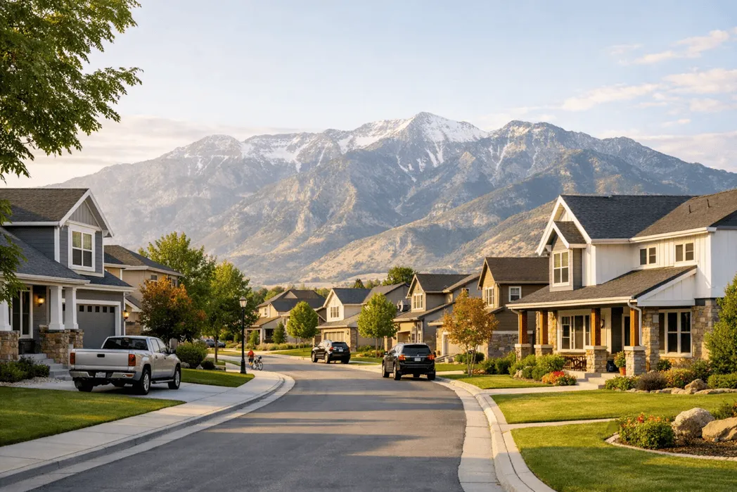 Utah County neighborhood with homes and mountains