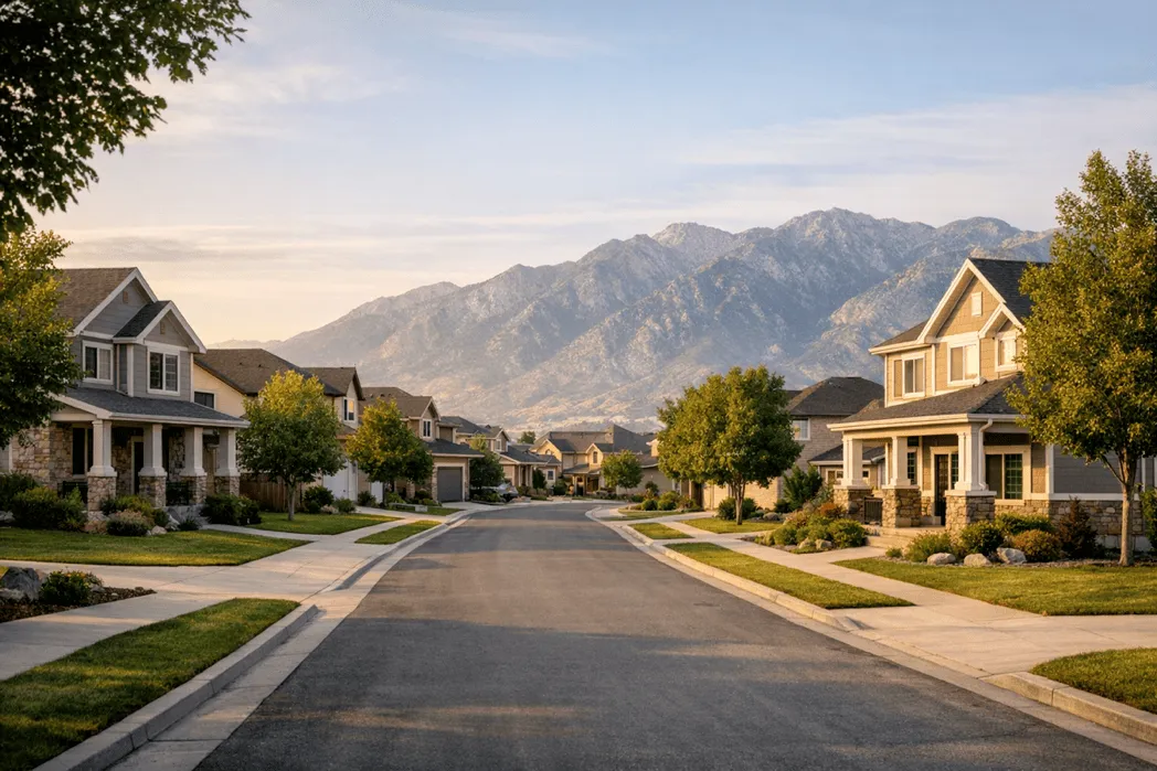 Quiet Utah residential street with single-family homes