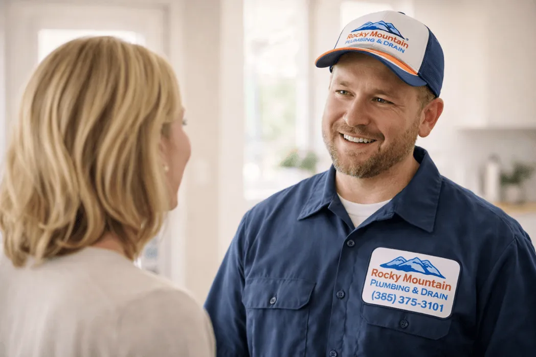 Plumbing technician discussing options with a homeowner in a kitchen