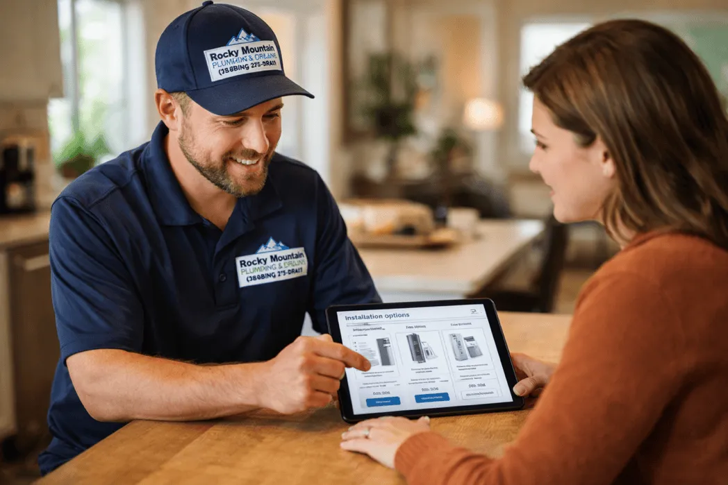 Technician showing financing options on a tablet to a homeowner