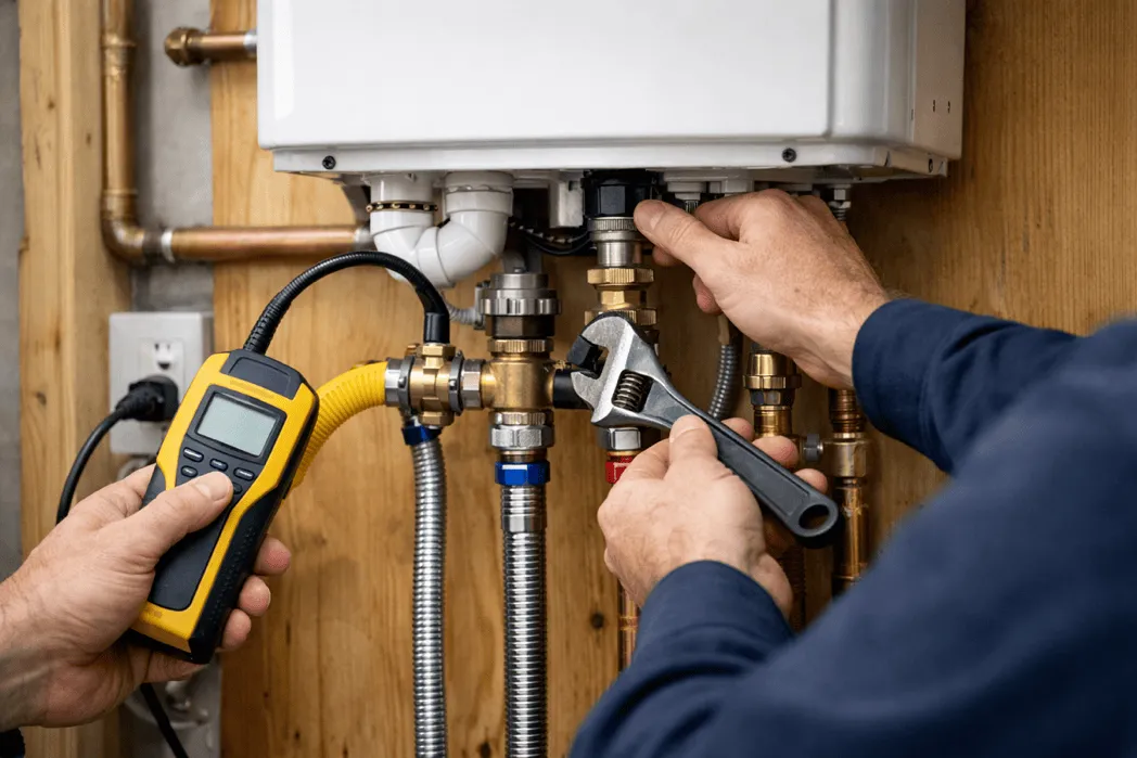 Plumber evaluating gas and water hookups in Sandy