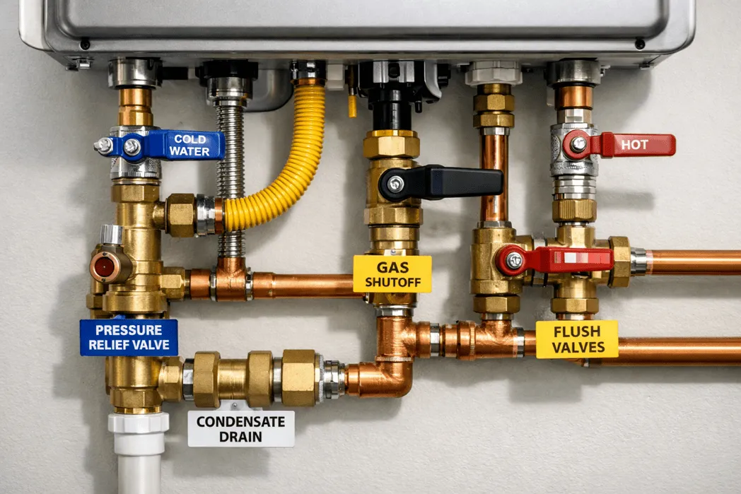 Clean piping detail on a new tankless install in West Jordan