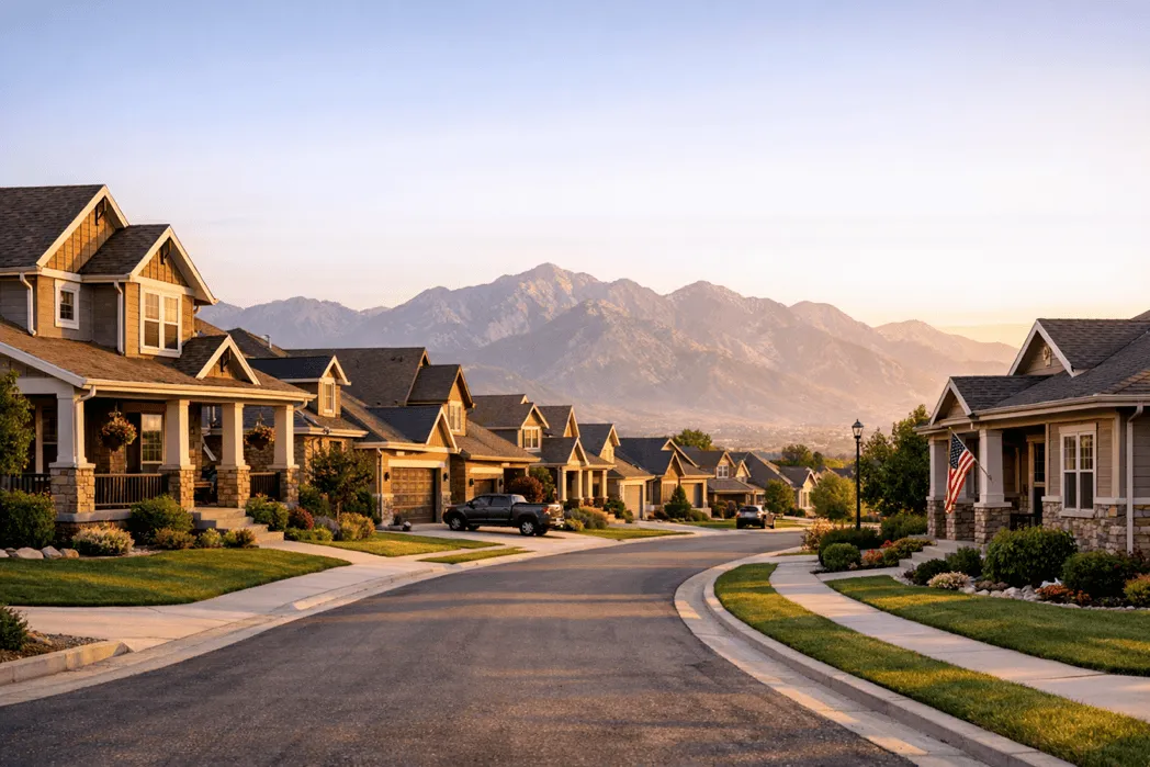 Golden hour view of a Utah neighborhood with single-family homes and distant mountains