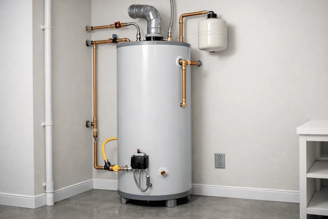 Cleanly installed standard tank water heater with new piping