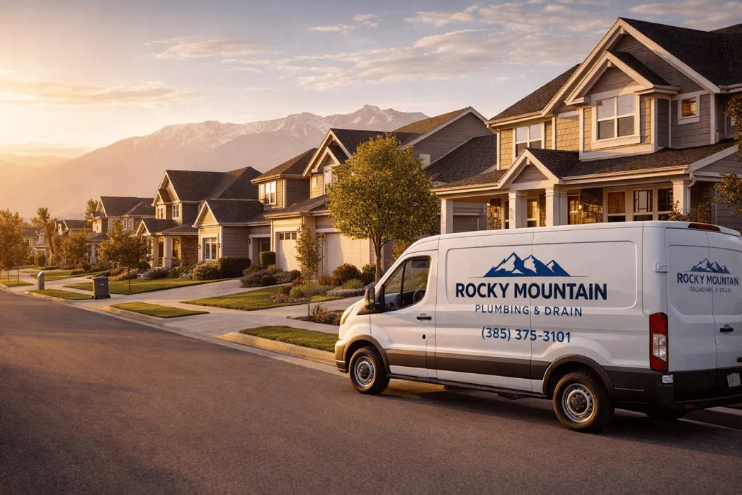 Quiet Utah neighborhood street at golden hour with a Rocky Mountain Plumbing service van parked curbside