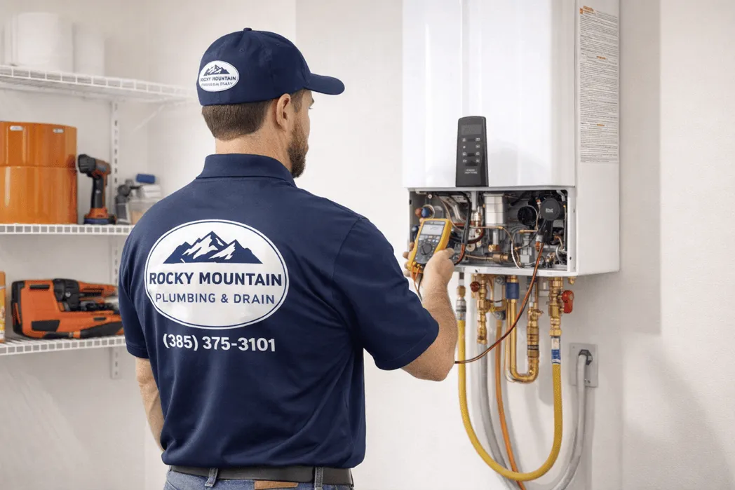 Rocky Mountain Plumbing & Drain technician inspecting a tankless water heater