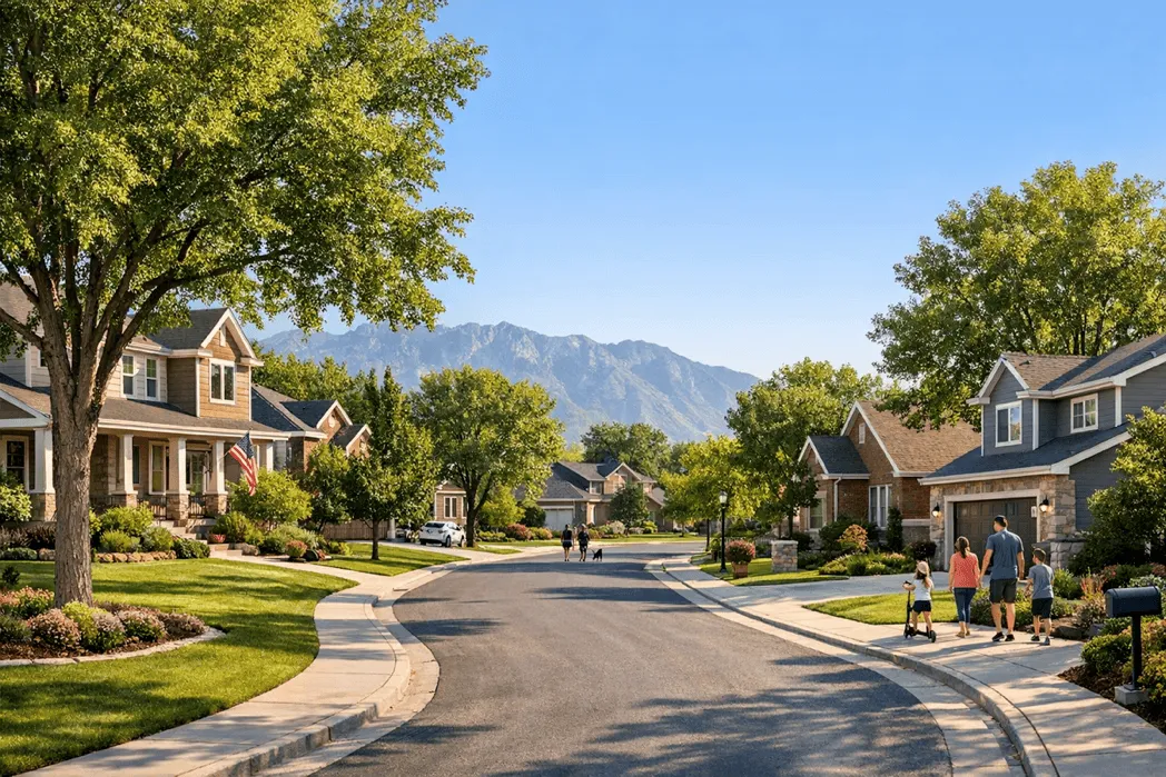 Welcoming Utah neighborhood street with single-family homes