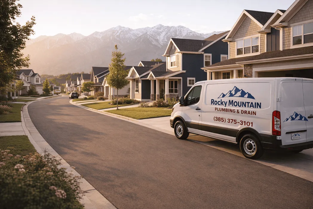 Rocky Mountain Plumbing & Drain service van in a Utah neighborhood