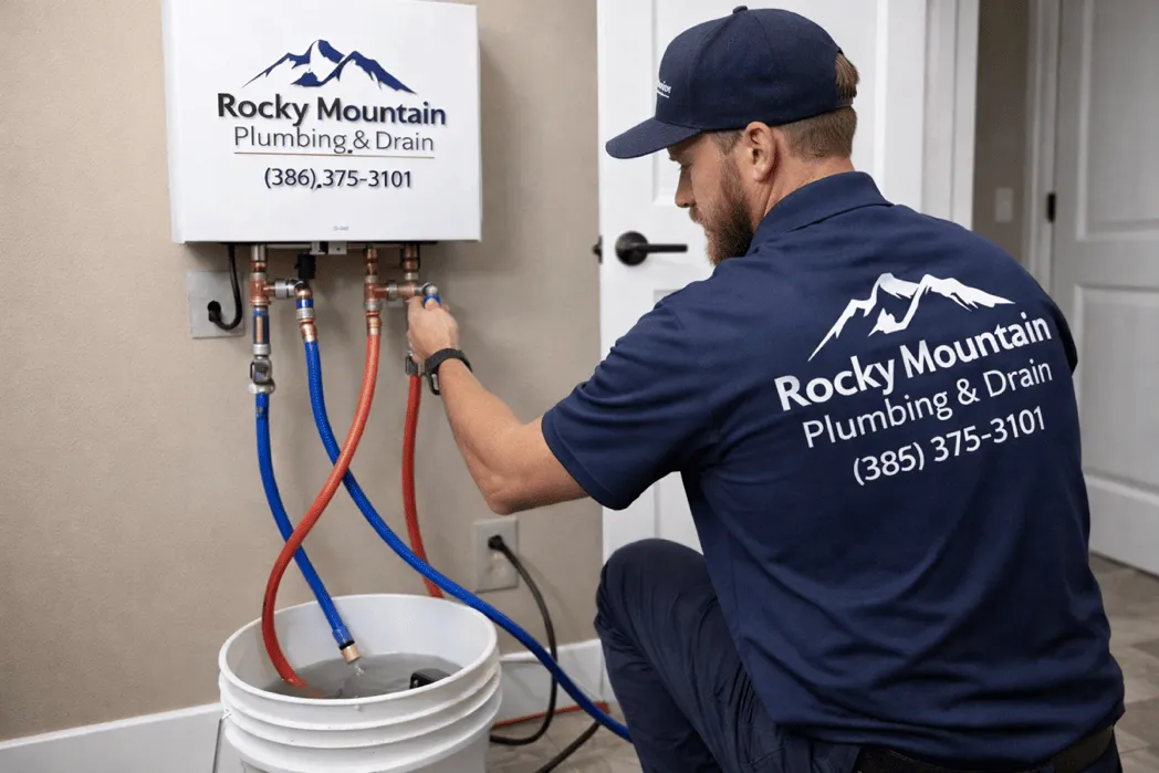 Technician performing tankless water heater flush in Sandy, UT