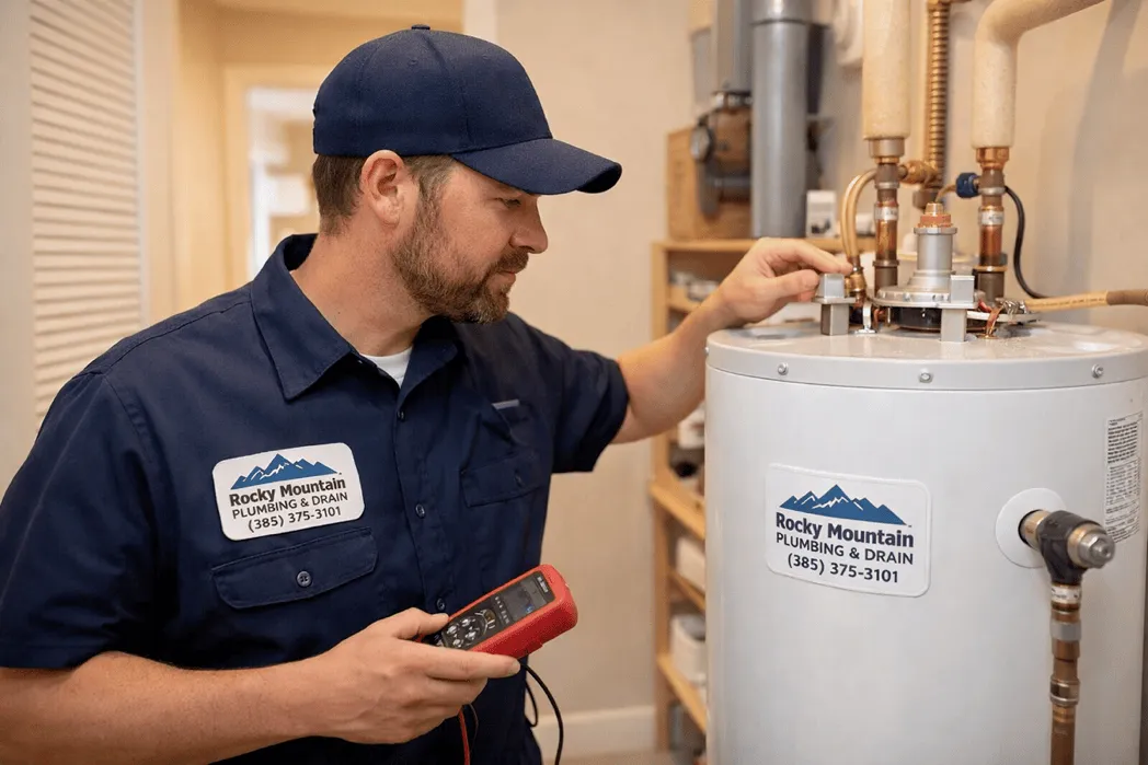 Rocky Mountain Plumbing technician inspecting a residential water heater