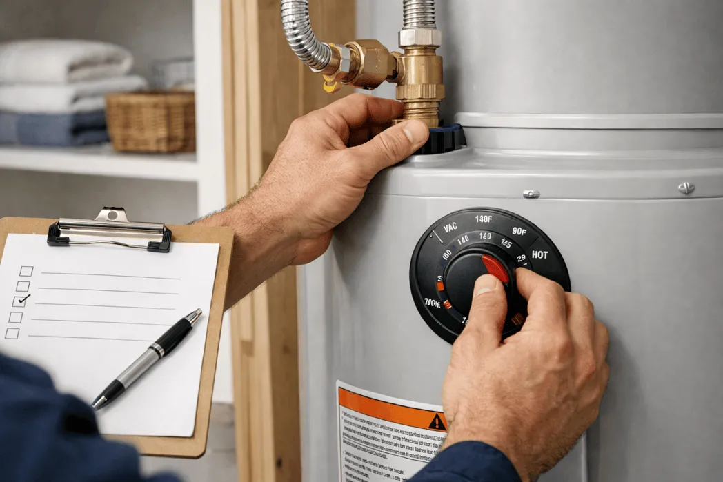 Close-up of technician hands checking water heater fittings during maintenance